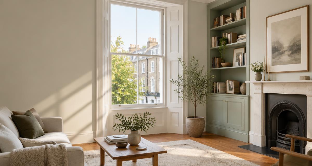 Sunlit London Victorian living room with an original timber sash window after draught proofing